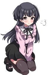 Rule 34 | 1girl, :t, puff of air, absurdres, between legs, black footwear, black hair, black ribbon, black skirt, black thighhighs, blunt bangs, blush, breasts, closed mouth, dot nose, frilled shirt, frills, hand between legs, highres, idolmaster, idolmaster shiny colors, jirai kei, kneeling, long hair, long sleeves, looking at viewer, mary janes, mayuzumi fuyuko, medium breasts, neck ribbon, pink shirt, ribbon, shirt, shoes, simple background, skirt, solo, thighhighs, two side up, v-shaped eyebrows, white background, zaza (zahaoming)