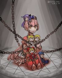 Rule 34 | 2019, 2girls, 5boys, :&gt;, :|, adam moonlit, aku no inga wa owaranai (vocaloid), alternate hair color, artist name, blank stare, blue hair, brown eyes, brown hair, chain, chained, character cutout, closed mouth, dated, empty eyes, eve moonlit, evillious nendaiki, gallerian marlon, hat, hatsune miku, highres, holding, holding toy, irina clockworker, jester, jester cap, judge, kagamine len, kaito (vocaloid), kamui gakupo, kneeling, knees, lemy abelard, long hair, looking at viewer, madam merry-go-round (vocaloid), magic circle, multiple boys, multiple girls, nekomura iroha, pink hair, ponytail, purple hair, rooomi, sateriasis venomania, serious, smile, solo, solo focus, spoilers, stuffed toy, toy, twitter username, very long hair, vocaloid, | |