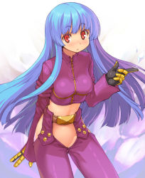 Rule 34 | 1girl, blue hair, blush, breasts, cowboy shot, gloves, jacket, kula diamond, long hair, looking at viewer, medium breasts, midriff, no panties, onono imoko, pants, purple hair, purple jacket, purple pants, red eyes, revealing clothes, snk, solo, standing, the king of fighters