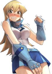 Rule 34 | 1girl, angry, bad id, bad pixiv id, bare shoulders, blonde hair, blush, breasts, clenched teeth, covering privates, covering crotch, cowboy shot, duel academy uniform (yu-gi-oh! gx), embarrassed, gloves, highres, looking at viewer, pleated skirt, rourou ill, skirt, sleeveless, solo, teeth, tenjouin asuka, trembling, yellow eyes, yu-gi-oh!, yu-gi-oh! gx