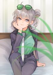Rule 34 | 1girl, aaoshigatoutoi, ahoge, alternate costume, arm support, belt, blue eyes, collared shirt, commission, eyewear on head, formal, girls&#039; frontline, green shirt, grey hair, hand on own chin, highres, honey badger (girls&#039; frontline), long hair, long sleeves, nail polish, necktie, shirt, sitting, skeb commission, solo, suit, sunglasses, white necktie