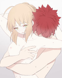 Rule 34 | 1boy, 1girl, ahoge, artoria pendragon (all), artoria pendragon (fate), blonde hair, blush, braid, breasts, collarbone, commentary request, couple, crying, crying with eyes open, embarrassed, emiya shirou, fate/stay night, fate (series), french braid, green eyes, grey background, hetero, highres, hug, hug from behind, nude, open mouth, orange hair, red hair, saber (fate), short hair, sidelocks, simple background, small breasts, suzuakks, sweat, tears, upper body