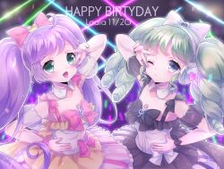 Rule 34 | 2girls, :d, absurdres, ahoge, aki (akinyaaaaa), bare shoulders, bow, character name, cosplay, cowboy shot, detached collar, detached sleeves, dress, falulu, glowstick, green eyes, green hair, grey eyes, hair bow, hand on own hip, hand up, happy birthday, headphones, highres, idol clothes, kashikoma!, long hair, looking at viewer, manaka laala, manaka laala (cosplay), multicolored clothes, multicolored dress, multiple girls, one eye closed, open mouth, penlight (glowstick), pink bow, pretty series, pripara, puffy detached sleeves, puffy sleeves, purple hair, sidelocks, smile, stage lights, standing, symmetrical pose, treble clef, twintails, very long hair, w, w over eye, white bow