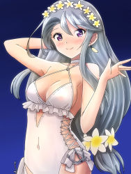Rule 34 | 1girl, absurdres, asymmetrical bangs, blue background, casual one-piece swimsuit, choker, commentary request, cowboy shot, flower, frilled swimsuit, frills, grey hair, hair flower, hair ornament, hairband, highleg, highleg swimsuit, highres, kantai collection, long hair, looking at viewer, oekaki lemon, official alternate costume, one-piece swimsuit, purple eyes, sagiri (kancolle), side-tie swimsuit, smile, solo, swept bangs, swimsuit, v, white choker, white one-piece swimsuit