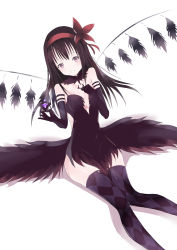Rule 34 | 10s, 1girl, :d, akemi homura, akuma homura, bare shoulders, black hair, blush, breasts, cleavage, demon wings, dutch angle, elbow gloves, gatari, gloves, highres, low wings, mahou shoujo madoka magica, mahou shoujo madoka magica: hangyaku no monogatari, open mouth, pink eyes, small breasts, smile, soul gem, thighhighs, thighs, white background, wings