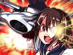 Rule 34 | 1girl, brown hair, clenched hand, commentary, dated, furutaka (kancolle), furutaka kai ni (kancolle), glowing, glowing eye, hair ornament, hairclip, heterochromia, incoming attack, incoming punch, kantai collection, kutone shirika, looking at viewer, machinery, neckerchief, open mouth, punching, sailor collar, school uniform, short hair, solo, speed lines, translated, turret, yellow eyes