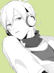 Rule 34 | absurdres, arrow (symbol), arrow print, commentary, double-parted bangs, dutch angle, facial mark, green background, greyscale with colored background, hair between eyes, highres, jacket, kagerou project, konoha (kagerou project), looking at viewer, male focus, neck warmer, parted lips, portrait, saitou shiori (pixiv14549321), shirt, short hair, short ponytail, simple background, solo, t-shirt