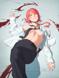 Rule 34 | 1girl, absurdres, black necktie, black pants, black plume, blood, blood splatter, braid, braided ponytail, breasts, chainsaw man, collared shirt, commentary, convenient censoring, convenient neckwear, dress shirt, expressionless, feet out of frame, hair over mouth, highres, knee up, looking at viewer, lying, makima (chainsaw man), medium breasts, medium hair, necktie, no bra, on back, open clothes, open shirt, pants, parted lips, ringed eyes, shirt, solo, tile floor, tiles, white shirt, wing collar, yellow eyes