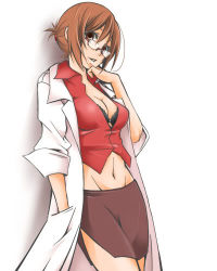 Rule 34 | 1girl, alternate hairstyle, bespectacled, breasts, brown hair, cleavage, doctor, glasses, hair up, kurota, kurota meiko, lab coat, lowres, meiko (vocaloid), midriff, pencil skirt, short hair, side slit, simple background, skirt, solo, vocaloid