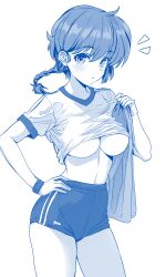 Rule 34 | 1girl, blue theme, blush, braid, braided ponytail, breasts, buruma, commentary request, gym uniform, hair between eyes, hand on own hip, highres, large breasts, looking at viewer, metsu end, monochrome, ranma-chan, ranma 1/2, short hair, short sleeves, simple background, solo, underboob, white background