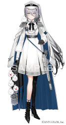 Rule 34 | 1girl, asymmetrical footwear, black bow, black bowtie, black footwear, black gloves, black hair, blue cape, blush, boots, bow, bowtie, cape, dress, epaulettes, full body, gloves, gradient hair, grey hair, gun, half gloves, hand on own hip, long hair, mole, mole under mouth, multicolored hair, nijisanji, official alternate costume, official art, sample watermark, side ponytail, simple background, single thigh boot, solo, sophia valentine, sophia valentine (2nd costume), thigh boots, two-sided cape, two-sided fabric, very long hair, virtual youtuber, watermark, weapon, white background, white cape, white dress, white headwear, yadapot