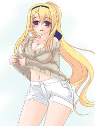 Rule 34 | 00s, 1girl, blonde hair, breasts, carim gracia, casual, cleavage, frapowa, long hair, lyrical nanoha, mahou shoujo lyrical nanoha, mahou shoujo lyrical nanoha strikers, medium breasts, navel, ponytail, purple eyes, shorts, smile, solo, sweater