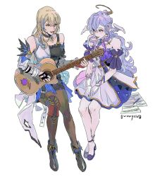 Rule 34 | 2girls, bare shoulders, black choker, black footwear, black nails, black pantyhose, blonde hair, blue eyes, blue hair, bunnyclvb, choker, commentary, crossed ankles, detached sleeves, dress, earrings, english commentary, fingerless gloves, gloves, guitar, halo, hands on lap, holding, holding guitar, holding instrument, honkai: star rail, honkai (series), instrument, jewelry, long hair, multicolored hair, multiple girls, open mouth, pantyhose, pencil, purple dress, purple footwear, purple hair, robin (honkai: star rail), serval landau, sheet music, short sleeves, signature, simple background, sitting, smile, streaked hair, very long hair, white background, white dress, white gloves, wings