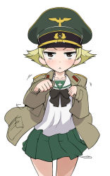 Rule 34 | &gt;:&lt;, 10s, 1girl, :&lt;, black bow, black bowtie, blonde hair, blouse, blush, bow, bowtie, brown eyes, brown jacket, closed mouth, commentary, cowboy shot, erwin (girls und panzer), frown, girls und panzer, goggles, goggles on headwear, green hat, green skirt, hat, jacket, long sleeves, looking at viewer, military, military hat, military jacket, military uniform, miniskirt, motion lines, ooarai school uniform, open clothes, open jacket, paw pose, peaked cap, pleated skirt, pointy hair, school uniform, serafuku, shirt, short hair, simple background, skirt, sleeves past wrists, solo, standing, staring, uniform, v-shaped eyebrows, wata do chinkuru, white background, white shirt