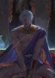 Rule 34 | 1boy, abs, between legs, blush, bracelet, commentary, dark, feet out of frame, gold, hades (series), hades 1, hand between legs, hand under clothes, hands on another&#039;s hips, highres, jewelry, lips, looking at viewer, luguoadeli (maple12031), male focus, muscular, muscular male, nose, parted bangs, parted lips, short hair, sitting, solo focus, spread legs, symbol-only commentary, thanatos (hades), white hair, yellow eyes