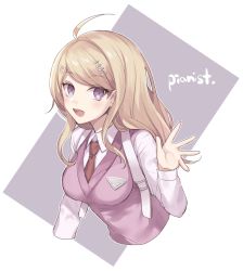 Rule 34 | 1girl, :d, ahoge, akamatsu kaede, blonde hair, blush, breasts, collared shirt, danganronpa (series), danganronpa v3: killing harmony, eighth note, english text, fortissimo, grey background, hair ornament, hand up, juugonichi (wheeliex2), long hair, long sleeves, looking at viewer, musical note, musical note hair ornament, necktie, open mouth, pink eyes, pink sweater vest, pink vest, purple eyes, shirt, smile, solo, sweater vest, teeth, transparent background, upper body, upper teeth only, vest