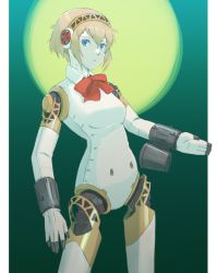 Rule 34 | 1girl, :o, aegis (persona), android, blonde hair, blue eyes, bow, bowtie, breasts, cowboy shot, green background, hair between eyes, hairband, headphones, highres, joints, medium breasts, mirlo2hu, parted lips, persona, persona 3, ribbon, robot joints, short hair, solo, standing