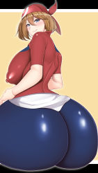 Rule 34 | 1girl, absurdres, ass, bandana, bike shorts, blue eyes, blush, breasts, brown hair, covered erect nipples, creatures (company), from behind, game freak, highres, huge ass, huge breasts, looking at viewer, may (pokemon), nintendo, pokemon, pokemon rse, shiny clothes, shiny skin, short hair, sideboob, smile, solo, yeneisha