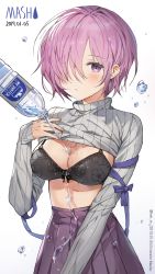 Rule 34 | 1girl, alternate costume, black bra, blush, bottle, bra, breasts, character name, cleavage, clothes lift, dated, fate/grand order, fate (series), gompang, hair over one eye, high-waist skirt, highres, large breasts, light purple hair, long sleeves, looking at viewer, mash kyrielight, pouring, purple eyes, purple ribbon, purple skirt, ribbed sweater, ribbon, short hair, simple background, skirt, solo, sweater, sweater lift, turtleneck, turtleneck sweater, underwear, water bottle