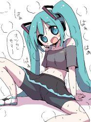 Rule 34 | 1girl, :d, bike shorts, bike shorts under skirt, blue eyes, blue hair, crop top, dokan (dkn), hair between eyes, hatsune miku, jaggy lines, long hair, navel, open mouth, sidelocks, simple background, smile, spread legs, steam, steaming body, sweat, twintails, vocaloid, white background