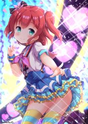 Rule 34 | 1girl, aozora jumping heart, aqua eyes, backlighting, black choker, blue skirt, blush, bow, choker, commentary request, confetti, diffraction spikes, earrings, flower, hair bow, hair flower, hair ornament, heart, heart earrings, jewelry, kurosawa ruby, looking at viewer, love live!, love live! sunshine!!, neckerchief, niwasane (saneatsu03), pink neckerchief, pointing, red hair, sailor collar, short sleeves, skirt, smile, solo, striped bow, striped clothes, striped thighhighs, suspender skirt, suspenders, thighhighs, twitter username, two side up, v
