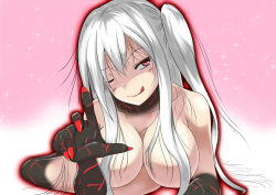 Rule 34 | 10s, 1girl, ;p, abyssal ship, aircraft carrier oni, aircraft carrier princess, breasts, cleavage, fingernails, kantai collection, large breasts, long fingernails, naughty face, one eye closed, one side up, pink background, red eyes, shigatsu (soratobuusagi), side ponytail, solo, tongue, tongue out, white hair