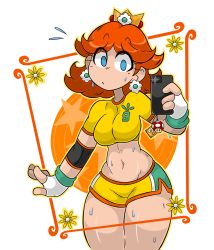 Rule 34 | 1girl, blue eyes, breasts, brown hair, cellphone, cowboy shot, crown, earrings, elbow pads, eyes visible through hair, fingerless gloves, flower earrings, gloves, highres, jewelry, mario (series), medium breasts, midriff, navel, nintendo, parted lips, phone, princess daisy, samurairen, short hair, short sleeves, shorts, smartphone, solo, super mario strikers, sweat, thick thighs, thighs, white background, white gloves