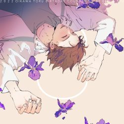 Rule 34 | 1boy, 2022, aoba johsai volleyball uniform, brown hair, character name, closed eyes, commentary, dated, english commentary, flower, haikyuu!!, iris (flower), jersey, lips, long sleeves, lying, male focus, oikawa tooru (haikyuu!!), on back, parted lips, shirt, short hair, solo, syurei, upper body