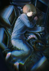 Rule 34 | 1girl, asymmetrical hair, barefoot, brown eyes, brown hair, cable, closed mouth, commentary, computer, crt, hair ornament, hairclip, highres, iwakura lain, looking at viewer, serial experiments lain, short hair, solo, thesatisfiedpig, x hair ornament