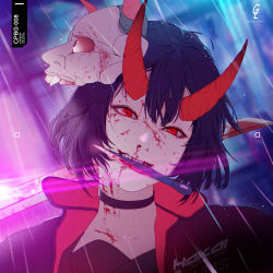 Rule 34 | 1girl, absurdres, black hair, blood, blood on face, choker, highres, horns, kunai, looking at viewer, mask, mask on head, mouth hold, oni, oni horns, oni mask, original, over shoulder, park junkyu, portrait, rain, red eyes, short hair, solo, sword, weapon, weapon over shoulder