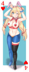 Rule 34 | 1girl, ;d, absurdres, akai haato, akai haato (1st costume), animal ears, areola slip, arms up, asymmetrical legwear, belt, black pantyhose, blonde hair, blue eyes, blue pantyhose, breasts, card, detached collar, grin, hair ornament, hair ribbon, heart, heart hair ornament, heart pasties, highres, hololive, kei2b, large breasts, maebari, meme attire, mismatched legwear, navel, one eye closed, open mouth, pantyhose, pasties, playing card, rabbit ears, reverse bunnysuit, reverse outfit, ribbon, single thighhigh, smile, solo, thighhighs, twintails, virtual youtuber