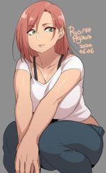 Rule 34 | 1girl, 2020, agawa ryou, artist name, black bra, bra, bra strap, breasts, cleavage, commentary, dated, denim, earrings, green eyes, grey background, jeans, jewelry, large breasts, long hair, looking at viewer, original, pants, pink hair, pink shirt, shirt, signature, simple background, solo, squatting, thighs, underwear