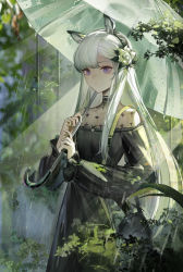 Rule 34 | 1girl, absurdres, animal ears, arknights, bag, bilibilida, black footwear, closed mouth, cowboy shot, flower, hair flower, hair ornament, hairband, heavyrain (arknights), heavyrain (tranquil moss) (arknights), highres, holding, holding umbrella, horse ears, light particles, long hair, long sleeves, looking at viewer, official alternate costume, plant, purple eyes, rain, rose, silver hair, solo, straight hair, striped clothes, striped hairband, umbrella, very long hair, yellow flower, yellow rose
