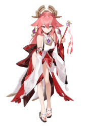 Rule 34 | 1girl, animal ears, back bow, bare legs, bare shoulders, bow, breasts, closed mouth, commentary, detached sleeves, earrings, eyebrows hidden by hair, fox ears, full body, gdd (vkejr702), genshin impact, groin, hair between eyes, highres, jewelry, large bow, large breasts, leaning forward, legs, long hair, looking at viewer, no panties, pink hair, purple eyes, sandals, shirt, sideboob, simple background, sleeveless, sleeveless shirt, smile, solo, standing, turtleneck, white background, white shirt, white sleeves, wide sleeves, yae miko, zouri