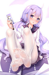 Rule 34 | 1girl, :o, ahoge, azur lane, black sailor collar, blush, bright pupils, cellphone, chao wu xing xian, charm (object), chinese commentary, close-up, commentary request, convenient leg, fang, feet, foot focus, hair ornament, hair scrunchie, hairclip, highres, holding, holding phone, long hair, long sleeves, looking at viewer, miniskirt, no shoes, open mouth, pantyhose, phone, purple eyes, purple hair, purple skirt, sailor collar, school uniform, scrunchie, serafuku, shirt, simple background, sitting, skirt, smartphone, soles, solo, toes, twintails, unicorn (long-awaited date) (azur lane), unicorn (azur lane), very long hair, wavy hair, white background, white pantyhose, white shirt, x hair ornament
