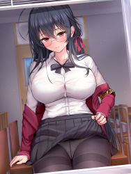 Rule 34 | 1girl, ahoge, armband, azur lane, black hair, black pantyhose, black skirt, blush, bow, bowtie, breasts, clothes lift, collared shirt, dress shirt, highres, jacket, large breasts, lifted by self, long hair, long sleeves, looking at viewer, melopun, off shoulder, official alternate costume, open clothes, open jacket, pantyhose, pleated skirt, red eyes, red jacket, round eyewear, shirt, skirt, skirt lift, smile, solo, taihou (azur lane), taihou (sweet time after school) (azur lane), thighband pantyhose, white shirt, yellow armband