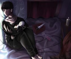 Rule 34 | 1boy, barefoot, bdsm, black hair, bondage, bound, box, candle, crossed arms, cup, doll, drinking glass, earrings, glass, highres, jewelry, k-pop, knife, male focus, math, ravi, sitting, solo, string, symbol-shaped pupils, torn clothes, vixx, voodoo, voodoo doll, wine glass