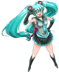 Rule 34 | 1girl, adapted costume, aqua hair, bad id, bad pixiv id, bishoujo senshi sailor moon, black gloves, boots, bow, chikuwa (tks), cosplay, elbow gloves, from above, full body, gloves, hair ornament, hatsune miku, long hair, necktie, pleated skirt, red bow, sailor collar, sailor moon, sailor moon (cosplay), sailor senshi, sailor senshi (cosplay), simple background, skirt, sleeveless, solo, twintails, unofficial sailor senshi uniform, v, vocaloid, white background