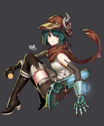 Rule 34 | 1girl, asymmetrical clothes, belt, boots, elbow gloves, full body, gloves, green hair, hat, highres, looking at viewer, looking back, makise minami, original, peaked cap, red eyes, red scarf, scarf, short hair, shorts, simple background, single pantsleg, sleeveless, solo, thighhighs, weapon