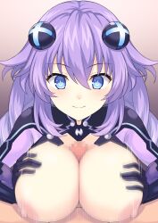 Rule 34 | 1boy, 1girl, absurdres, black bodysuit, blue eyes, blush, bodysuit, braid, breasts, breasts out, censored, commission, hetero, highres, large breasts, long hair, looking at viewer, mosaic censoring, neptune (series), nipples, open mouth, paizuri, penis, perapera, pov, purple bodysuit, purple hair, purple heart (neptunia), sidelocks, skeb commission, smile, solo focus, twin braids, two-tone bodysuit, very long hair