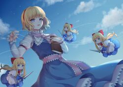 Rule 34 | 1girl, alice margatroid, apron, blonde hair, blue dress, blue eyes, blue sky, book, bow, bowtie, capelet, cloud, day, doll, dress, frills, grimoire, grimoire of alice, hair bow, hairband, hand up, holding, holding book, holding polearm, holding weapon, jewelry, lance, lolita hairband, long hair, long sleeves, looking at viewer, melachicca, outdoors, parted lips, polearm, puffy short sleeves, puffy sleeves, puppet strings, red bow, red bowtie, red hairband, ring, shanghai doll, short hair, short sleeves, sidelocks, sky, touhou, waist apron, weapon, white capelet