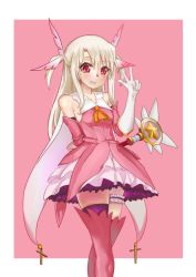 Rule 34 | 1girl, elbow gloves, fate/kaleid liner prisma illya, fate (series), feather hair ornament, feathers, fran (yuliwei2012), gloves, hair ornament, illyasviel von einzbern, kaleidostick, long hair, magical girl, outside border, prisma illya, red eyes, solo, standing, thighhighs, two side up, v, white hair