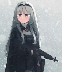 Rule 34 | 1girl, an-94, an-94 (girls&#039; frontline), aqua eyes, assault rifle, black gloves, closed mouth, feet out of frame, girls&#039; frontline, gloves, gun, hair ornament, hairband, hairclip, highres, hinami047, holding, holding weapon, long hair, looking at viewer, platinum blonde hair, rifle, snowflake background, snowflakes, solo, standing, uniform, weapon