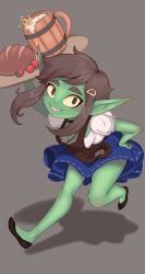Rule 34 | 1girl, alcohol, beer, beer mug, bread, breasts, brown eyes, brown hair, cleavage, commentary, cup, english commentary, female goblin, food, goblin, hand on own hip, highres, honey goblin, indie virtual youtuber, mug, natanikkei (artist), pointy ears, shadow, sharp teeth, solo, teeth, virtual youtuber
