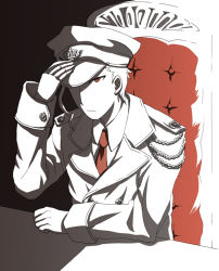 Rule 34 | 1boy, atsukiruto, chair, gilliam (kaibutsu oujo), hat, kaibutsu oujo, male focus, military, military uniform, peaked cap, red eyes, red upholstery, sitting, solo, spot color, uniform