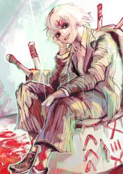 Rule 34 | 1boy, absurdres, commentary request, grey hair, hair ornament, hairclip, highres, jacket, knife, kyuuba melo, long sleeves, male focus, official style, pants, red legwear, roman numeral, short hair, sitting, sketch, smile, socks, stitches, striped clothes, striped jacket, striped pants, suzuya juuzou, teeth, tokyo ghoul, x hair ornament
