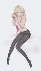Rule 34 | 10s, 1girl, absurdres, blonde hair, blue eyes, bra, diana cavendish, full body, hand on own face, highres, little witch academia, looking at viewer, maredoro, multicolored hair, no panties, panties, panties under pantyhose, pantyhose, pinup (style), sitting, smirk, solo, thighband pantyhose, thighs, two-tone hair, underwear