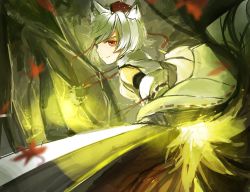 Rule 34 | 1girl, animal ears, detached sleeves, hat, inubashiri momiji, japanese clothes, leaf, light, long sleeves, looking at viewer, maple leaf, md5 mismatch, profile, red eyes, resized, shirorin (ballet girl&#039;s), shirt, short hair, skirt, smile, solo, string, sword, tokin hat, touhou, weapon, white hair, wide sleeves, wolf ears
