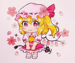 Rule 34 | 1girl, ascot, blonde hair, blush, blush stickers, cherry blossoms, chibi, closed mouth, flandre scarlet, frilled skirt, frills, full body, hair between eyes, hat, highres, kaoling, long hair, mob cap, petals, red eyes, red skirt, red vest, skirt, smile, solo, touhou, traditional media, vest, white hat, wings, yellow ascot
