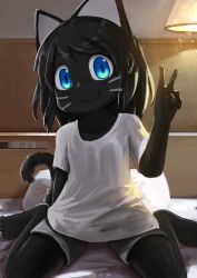 Rule 34 | 1girl, absurdres, alarm clock, animal ears, barefoot, black skin, blouse, blue eyes, bodypaint, cat ears, cat tail, clock, colored skin, dated, facepaint, facial mark, fake animal ears, female focus, grey shorts, highres, inoue kuto, lamp, looking at viewer, on bed, original, pillow, shirt, shorts, sitting, smile, solo, t-shirt, tail, v, wariza, whisker markings, white shirt